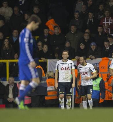 01.01.2015. London, England. Barclays Premier League. Tottenham versus Chelsea. Tottenham Hotspur s Andros Townsend is all smiles with team-mate Harry Kane as his side lead 3-1 at half time. xNigelxCookex  ActionPlus11585906