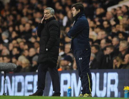 Football - 2014 2015 Premier League - Tottenham Hotspur vs. Chelsea Chelsea Manager Jose Mourinho chats to Mauirico Pochettino at White Hart Lane. COLORSPORT ANDREW COWIE 