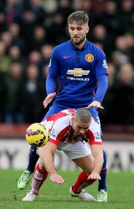 Luke Shaw of Manchester United ManU pushes over Jonathan Walters of Stoke City - Barclays Premier League - Stoke City vs Manchester Utd - Stoke - England - 1st January 2015 - Picture Simon Bellis Sportimage EDITORIAL USE ONLY. No use with unauthorised audio, video, data, fixture lists, club league logos or live services. Online in-match use limited to 120 images, no video emulation. No use in betting, games or single club league player publications.