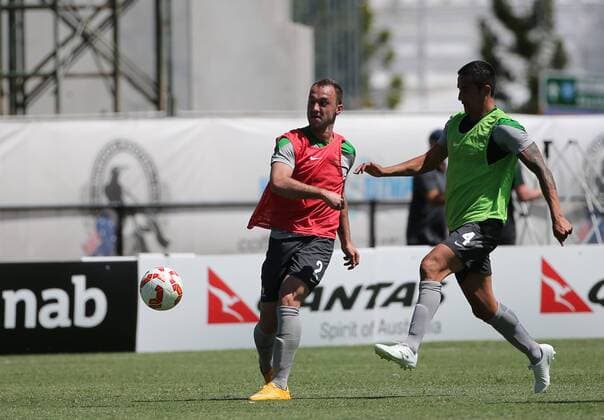 Players of Australian football team participate in a training session ahead of AFC Asian Cup at the Collingwood Training Centre, Olympic Park in Melbourne, Australia on Jan. 3, 2015. XuxYanyan 