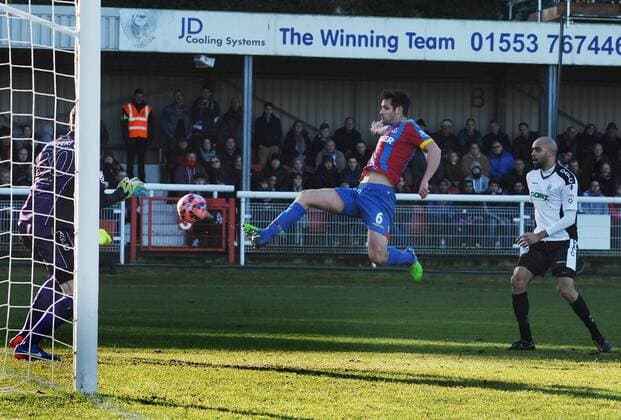 Football - 2014 2015 FA Cup - Third Round: Dover Athletic vs. Crystal Palace Palace s Scott Dann scores his goal at the Crabble Athletic Ground. COLORSPORT ANDREW COWIE 