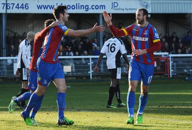 Football - 2014 2015 FA Cup - Third Round: Dover Athletic vs. Crystal Palace Palace s Scott Dann celebrates his goal with Glenn Murray at the Crabble Athletic Ground. COLORSPORT ANDREW COWIE 