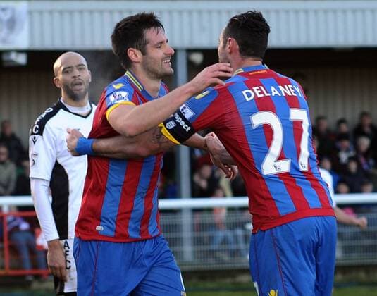 Football - 2014 2015 FA Cup - Third Round: Dover Athletic vs. Crystal Palace Palace s Scott Dann celebrates his 2nd goal with Damien Delaney at the Crabble Athletic Ground. COLORSPORT ANDREW COWIE 