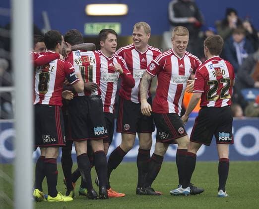 04.01.2015. London, England. FA Cup 3rd Round. QPR versus Sheffield United. Sheffield United players celebrate their second goal. xNigelxCookex  ActionPlus11586715