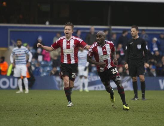 04.01.2015. London, England. FA Cup 3rd Round. QPR versus Sheffield United. Sheffield United s Jamal Campbell-Ryce wheels away after scoring his sides third goal. xNigelxCookex  ActionPlus11586748