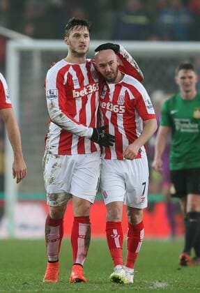 Stoke goalscorer celebrate Marko Arnautovic and Stephen Ireland of Stoke City - FA Cup Third Round - Stoke City vs Wrexham - Britannia Stadium - Stoke on Trent - England - 4th January 2015 - Picture Simon Bellis Sportimage EDITORIAL USE ONLY. No use with unauthorised audio, video, data, fixture lists, club league logos or live services. Online in-match use limited to 120 images, no video emulation. No use in betting, games or single club league player publications.