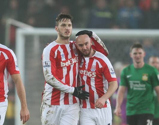 Stoke goalscorer celebrate Marko Arnautovic and Stephen Ireland of Stoke City - FA Cup Third Round - Stoke City vs Wrexham - Britannia Stadium - Stoke on Trent - England - 4th January 2015 - Picture Simon Bellis Sportimage EDITORIAL USE ONLY. No use with unauthorised audio, video, data, fixture lists, club league logos or live services. Online in-match use limited to 120 images, no video emulation. No use in betting, games or single club league player publications.