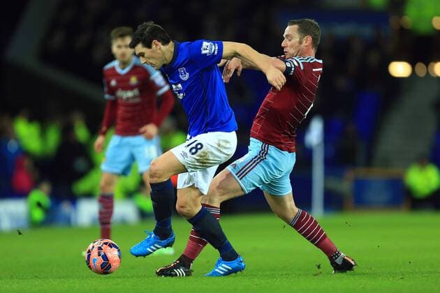 West Ham s Kevin Nolan battles Gareth Barry of Everton - Everton vs. West Ham United - FA Cup Third Round - Goodison Park - Liverpool - 06 01 2015 Pic Philip Oldham Sportimage EDITORIAL USE ONLY. No use with unauthorised audio, video, data, fixture lists, club league logos or live services. Online in-match use limited to 120 images, no video emulation. No use in betting, games or single club league player publications.