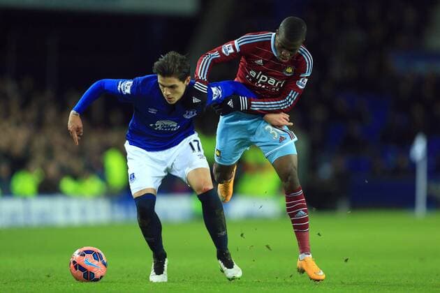 West HamâÄ?s Enner Valencia battles Muhamed Besic of Everton - Everton vs. West Ham United - FA Cup Third Round - Goodison Park - Liverpool - 06 01 2015 Pic Philip Oldham Sportimage EDITORIAL USE ONLY. No use with unauthorised audio, video, data, fixture lists, club league logos or live services. Online in-match use limited to 120 images, no video emulation. No use in betting, games or single club league player publications.