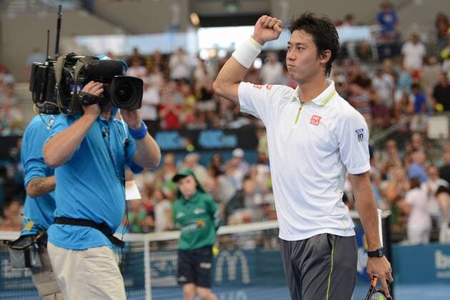 Jan 9, 2015 - Brisbane, Queensland, Australia - KEI NISHIKORI celebrates his victory in his quarterfinals match in the Brisbane International Tennis Tournament at the Queensland Tennis Centre. Tennis 2015 - Brisbane International - Day 6 - ZUMAl132