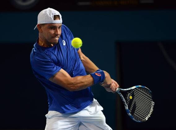 James Duckworth (AUS) in Aktion. Brisbane International 2015, Brisbane, Australien
