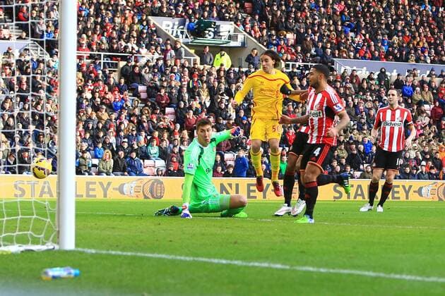 Lazar Markovic of Liverpool scores the opening goal - Sunderland vs. Liverpool - Barclay s Premier League - Stadium of Light - Sunderland - 10 01 2015 Pic Philip Oldham Sportimage EDITORIAL USE ONLY. No use with unauthorised audio, video, data, fixture lists, club league logos or live services. Online in-match use limited to 120 images, no video emulation. No use in betting, games or single club league player publications.