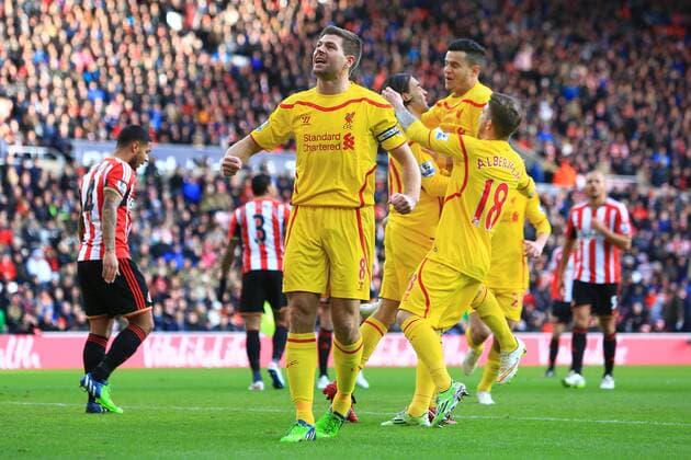 Steven Gerrard of Liverpool punches the air in celebration following Lazar Markovic s opening goal - Sunderland vs. Liverpool - Barclay s Premier League - Stadium of Light - Sunderland - 10 01 2015 Pic Philip Oldham Sportimage EDITORIAL USE ONLY. No use with unauthorised audio, video, data, fixture lists, club league logos or live services. Online in-match use limited to 120 images, no video emulation. No use in betting, games or single club league player publications.
