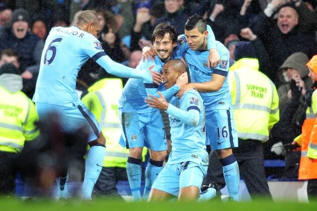 10.01.2015. Liverpool, England. Barclays Premier League. Everton versus Manchester City. Manchester City midfielder Fernandinho celebrates scoring his teams first goal xPaulxKeevilx  ActionPlus11588339