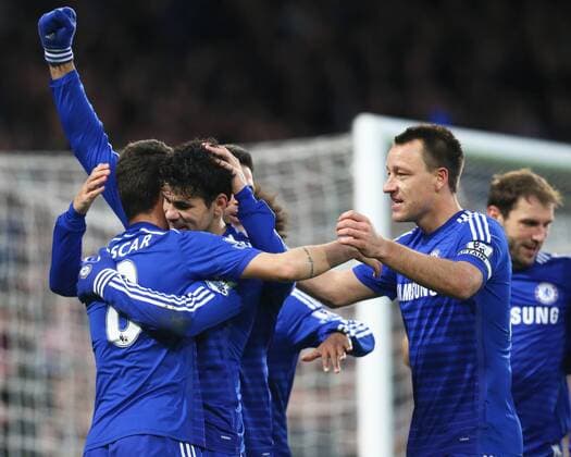 10.01.2015. London, England. Barclays Premier League. Chelsea versus Newcastle United. Chelsea forward Diego Costa celebrates the second goal with his team mates xChakirxDahmanix  ActionPlus11588348