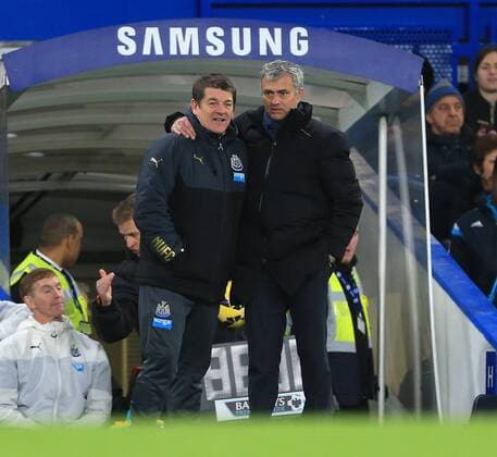 Chelsea s Jose Mourinho consoles Newcastle s John Carver Premier League - Chelsea vs Newcastle United - Stamford Bridge - England - 10th January 2015 - Picture David Klein Sportimage EDITORIAL USE ONLY. No use with unauthorised audio, video, data, fixture lists, club league logos or live services. Online in-match use limited to 120 images, no video emulation. No use in betting, games or single club league player publications.