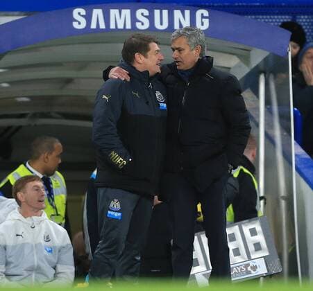 Chelsea s Jose Mourinho consoles Newcastle s John Carver Premier League - Chelsea vs Newcastle United - Stamford Bridge - England - 10th January 2015 - Picture David Klein Sportimage EDITORIAL USE ONLY. No use with unauthorised audio, video, data, fixture lists, club league logos or live services. Online in-match use limited to 120 images, no video emulation. No use in betting, games or single club league player publications.