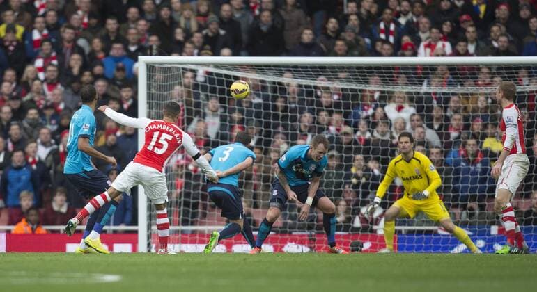 11.01.2015. London, England. Barclays Premier League. FC Arsenal versus Stoke City. Arsenal s Alex Oxlade-Chamberlain fires a shot just over as Arsenal push for a third. xNigelxCookex  ActionPlus11588514