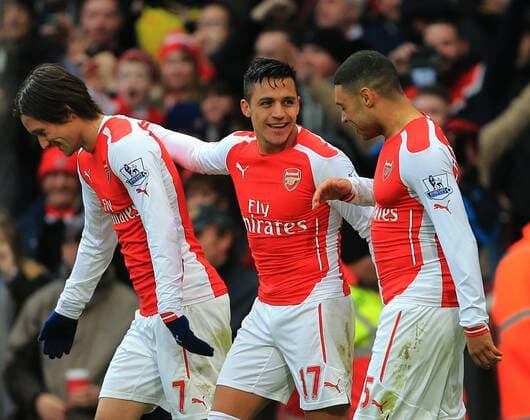 Arsenal s Alexis Sanchez celebrates scoring his sides third goal Premier League - Arsenal vs Stoke City - Emirates Stadium - England - 11th January 2015 - Picture David Klein Sportimage EDITORIAL USE ONLY. No use with unauthorised audio, video, data, fixture lists, club league logos or live services. Online in-match use limited to 120 images, no video emulation. No use in betting, games or single club league player publications.