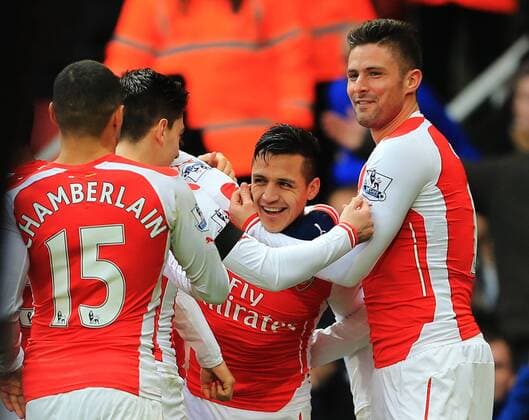 Arsenal s Alexis Sanchez celebrates scoring his sides third goal Premier League - Arsenal vs Stoke City - Emirates Stadium - England - 11th January 2015 - Picture David Klein Sportimage EDITORIAL USE ONLY. No use with unauthorised audio, video, data, fixture lists, club league logos or live services. Online in-match use limited to 120 images, no video emulation. No use in betting, games or single club league player publications.