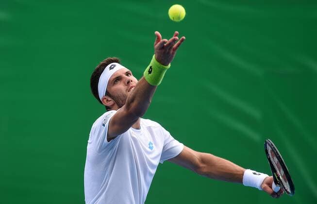 12.01.2015. Auckland, New Zealand. Czech Republic s Jiri Vesely celebrates his win during his first round singles match on day 1 at the Heineken Open. Festival of Tennis, ATP Tennis Herren World Tour. ASB Tennis Centre, Auckland, New Zealand. Monday 12 January 2015. xAndrewxCornagax  ActionPlus11588777