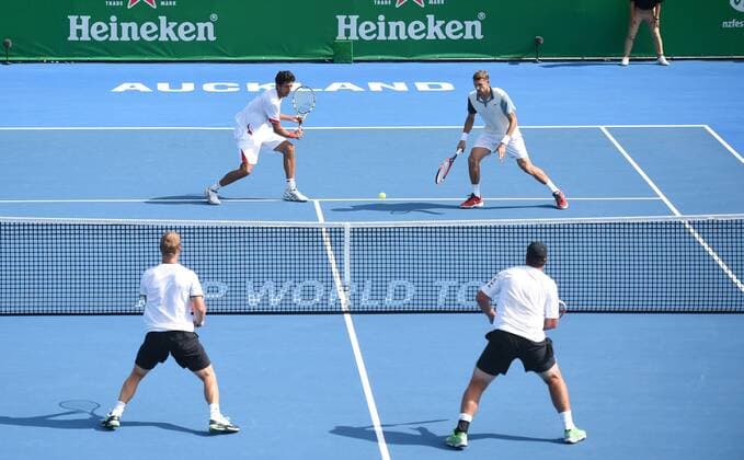 12.01.2015. Auckland, New Zealand. Doubles pair Marcelo Melo and Max Mirnyi (R) on Day 1 at the Heineken Open. Festival of Tennis, ATP Tennis Herren World Tour. ASB Tennis Centre, Auckland, New Zealand. Monday 12 January 2015. xAndrewxCornagax  ActionPlus11588799