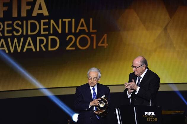 Jan. 12, 2015 - Zurich, Switzerland - FIFA Presidential Award former player and journalist HIROSHI KAGAWA with his trophy during the FIFA World Player Gala in Zurich. Soccer 2015 - FIFA Ballon DOR 2014  - ZUMAm119