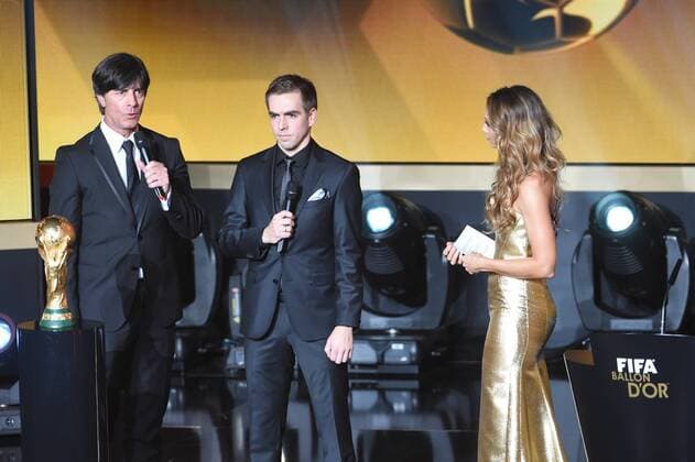 SOCCER - FIFA Ballon d Or 2014 ZURICH,SWITZERLAND,12.JAN.15 - SOCCER - FIFA World Player Gala, Ballon d Or 2014. Image shows Joachim Loew (GER), Philipp Lahm (GER FC Bayern München) and host Kate Abdo.