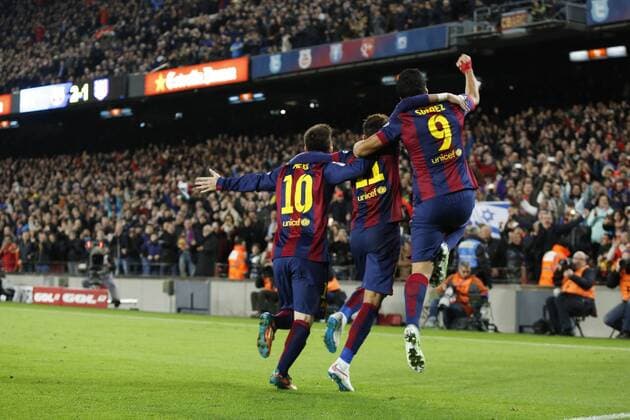 (L-R) Lionel Messi, Neymar, Luis Suarez (Barcelona), JANUARY 11, 2015 - Football Soccer : Spanish Primera Division Liga BBVA match between FC Barcelona Barca 3-1 Atletico Madrid at Camp Nou stadium in Barcelona, Spain. Noxthirdxpartyxsales  (oqma015356)