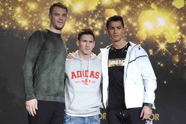 v.li:Manuel NEUER (Bayer Muenchen),Lionel MESSI FC Barcelona Barca ,Cristiano RONLADO (Real Madrid) sind die Nominierten fuer den Titel Weltfussballer des Jahres. FIFA BALLON D OR 2014 Auszeichnung fuer die besten Fussballspieler und -trainer des Jahres 2014 am 12.01.2015 im Kongresshaus in Zuerich.