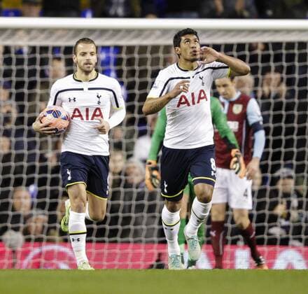 14.01.2015. London, England. FA Cup 3rd Round Replay. Tottenham Hotspur - FC Burnley Tottenham Hotspur s Paulinho celebrates scoring to make it 1-2 xCraigxMercerx  ActionPlus11589291