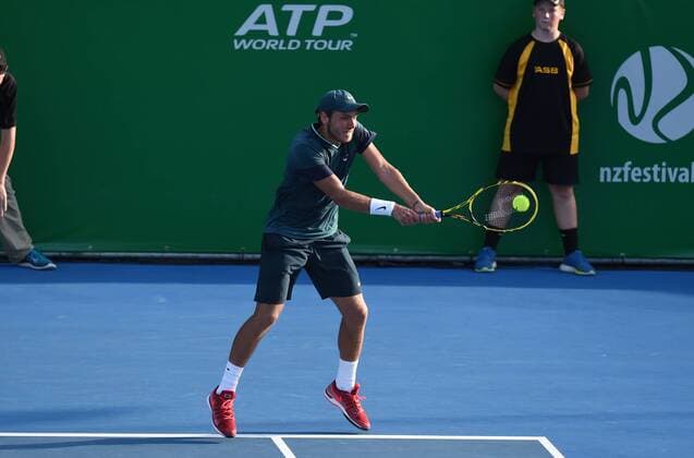 16.01.2015. Auckland, New Zealand. Heineken Tennis Open. France s Lucas Pouille in action on Semi Finals day at the Heineken Open. xAndrewxCornagax xwww.photosport.x  ActionPlus11589583