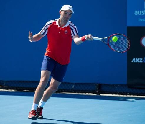 Australian Open 2015, Melbourne Park,ITF Grand Slam Tennis Tournament,.Andreas Beck(GER),Aktion,Einzelbild,Ganzkoerper,Hochformat,