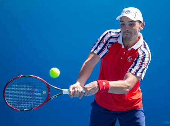 Australian Open 2015, Melbourne Park,ITF Grand Slam Tennis Tournament,.Andreas Beck(GER),Aktion,Einzelbild,Halbkoerper,Querformat,