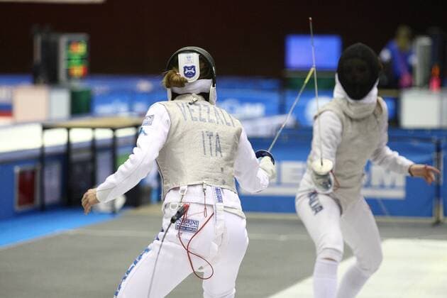 Jan. 17, 2015 - Gdansk, POLAND - Gdansk, Poland 17th, Jan. 2015 Artus Court 2015 fencing cup in Gdansk. Valentina Vezzali (ITA) fights against Camilia Manzini also from Italy. Vezzali fights during Artus Court 2015 fencing cup in Gdansk, Poland  - ZUMAn230