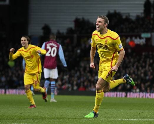 Rickie Lambert of Liverpool celebrates scoring the second goal - Barclays Premier League - Aston Villa vs Liverpool - Villa Park Stadium - Birmingham - England - 17th January 2015 - Picture Simon Bellis Sportimage EDITORIAL USE ONLY. No use with unauthorised audio, video, data, fixture lists, club league logos or live services. Online in-match use limited to 120 images, no video emulation. No use in betting, games or single club league player publications.