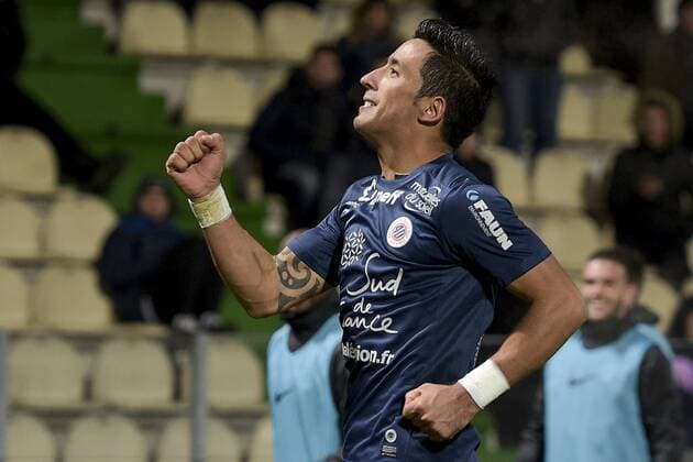 joie de Lucas BARRIOS (Montpellier) zpres son 3e but FOOTBALL : FC Metz vs Montpellier - L1 - 17 01 2015 JBAutissier Panoramic 