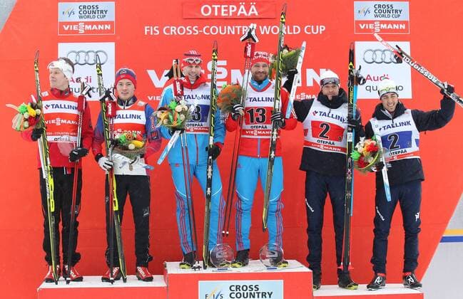 NORDIC SKIING - FIS WC Otepaeae OTEPAEAE,ESTONIA,18.JAN.15 - NORDIC SKIING, CROSS COUNTRY SKIING - FIS World Cup, team sprint, men, award ceremony. Image shows Anders Gloeersen, Finn Haagen Krogh (NOR), Sergey Ustiugov, Alexey Petukhov (RUS) and Dietmar Noeckler, Federico Pellegrino (ITA).