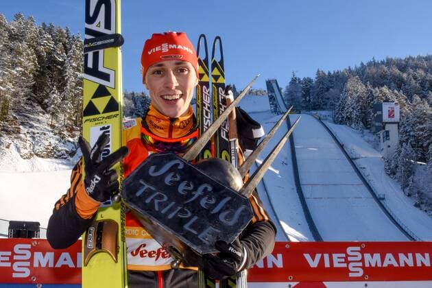 NORDIC SKIING - FIS WC Seefeld SEEFELD,AUSTRIA,18.JAN.15 - NORDIC SKIING, NORDIC COMBINED - FIS World Cup, Nordic Triple, Gundersen, men, award ceremony. Image shows the rejoicing of winner Eric Frenzel (GER).