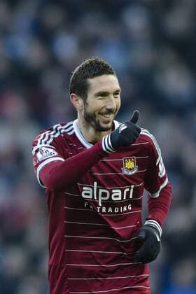 18.01.2015. London, England. Barclays Premier League. West Ham versus Hull City. West Ham United s Morgan Amalfitano celebrates his goal for 2-0 xCraigxMercerx  ActionPlus11590580