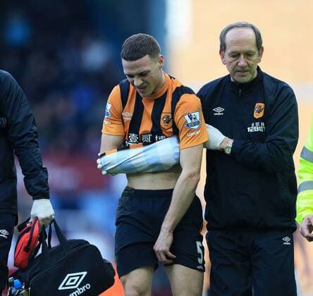Hull s James Chester goes off injured Barclays Premier League - West Ham United vs Hull City - Upton Park - England - 18th January 2015 - Picture David Klein Sportimage EDITORIAL USE ONLY. No use with unauthorised audio, video, data, fixture lists, club league logos or live services. Online in-match use limited to 120 images, no video emulation. No use in betting, games or single club league player publications.