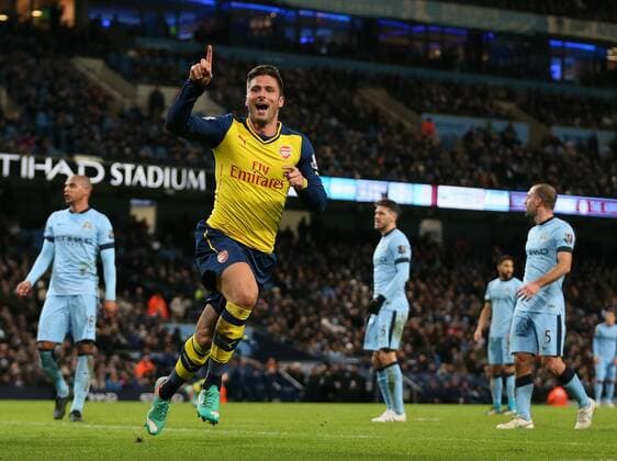 Olivier Giroud of Arsenal celebrates scoring the second goal - Barclays Premier League - Manchester City vs Arsenal - Etihad Stadium - Manchester - England - 18th January 2015 - Picture Simon Bellis Sportimage EDITORIAL USE ONLY. No use with unauthorised audio, video, data, fixture lists, club league logos or live services. Online in-match use limited to 120 images, no video emulation. No use in betting, games or single club league player publications.