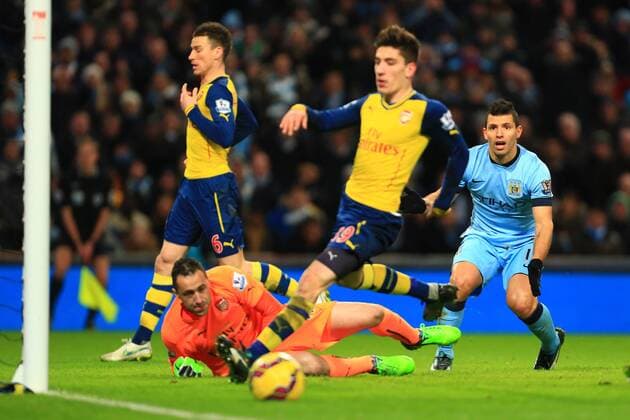Sergio Aguero of Manchester City fails to latch on to a goal scoring opportunity - Manchester City vs. Arsenal - Barclay s Premier League - Etihad Stadium - Manchester - 18 01 2015 Pic Philip Oldham Sportimage EDITORIAL USE ONLY. No use with unauthorised audio, video, data, fixture lists, club league logos or live services. Online in-match use limited to 120 images, no video emulation. No use in betting, games or single club league player publications.