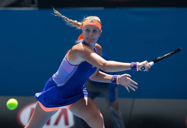 Australian Open 2015, Melbourne Park,ITF Grand Slam Tennis Tournament, Australian Open 2015, Melbourne Park,ITF Grand Slam Tennis Tournament, Kristina Mladenovic (FRA), Aktion,Einzelbild,Halbkoerper,Querformat,