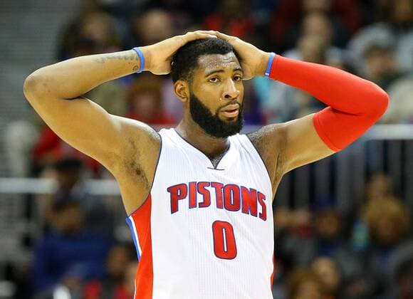 Jan. 19, 2015 - Atlanta, GA, USA - Pistons center Andre Drummond reacts after a Hawks score during the second half of a basketball game on Monday, Jan. 19, 2015, at Philips Arena in Atlanta. The Hawks beat the Pistons 93-82 for their 13th victory in a row. Atlanta Hawks beat the Pistons 93-82 - ZUMAm67_