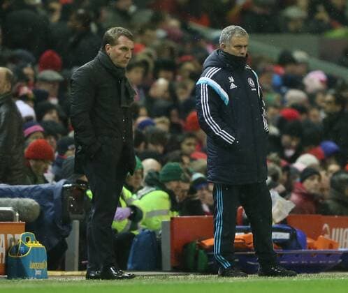 Aktuell Fußball, England, Capital One Cup, FC Liverpool - FC Chelsea Brendan Rodgers manager of Liverpool sands with Jose Mourinho manager of Chelsea - Capital One Cup - Semi Final First Leg - Liverpool vs Chelsea - Anfield Stadium - Liverpool - England - 20th January 2015 - Picture Simon Bellis Sportimage EDITORIAL USE ONLY. No use with unauthorised audio, video, data, fixture lists, club league logos or live services. Online in-match use limited to 120 images, no video emulation. No use in betting, games or single club league player publications.