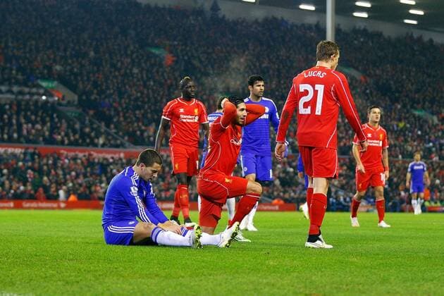 Aktuell FuÃŸball, England, Capital One Cup, FC Liverpool - FC Chelsea 20.01.2015. Anfield, Liverpool, England. Capital One Cup Semi Final. Liverpool versus Chelsea. Liverpool midfielder Emre Can fouls Chelsea midfielder Eden Hazard to concede the penalty xPaulxKeevilx  ActionPlus11591146