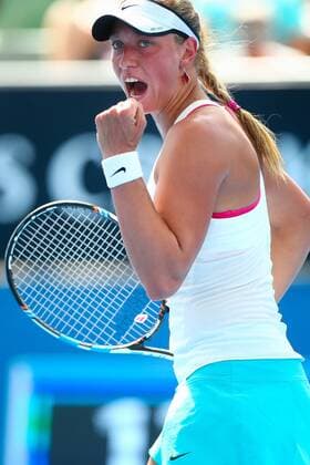 - MELBOURNE, AUSTRALIA: Belgian Yanina Wickmayer preacts at a tennis game between Belgian Yanina Wickmayer WTA Tennis Damen 80) and Spanish Lara Arruabarrena (WTA 91), in the second round of the women s singles at the Australian Open Grand Slam tournament, Wednesday 21 January 2015 in Melbourne Park, Melbourne, Australia. Wickmayer won 6-4, 4-6, 6-4. PATRICKxHAMILTON  x04549993x