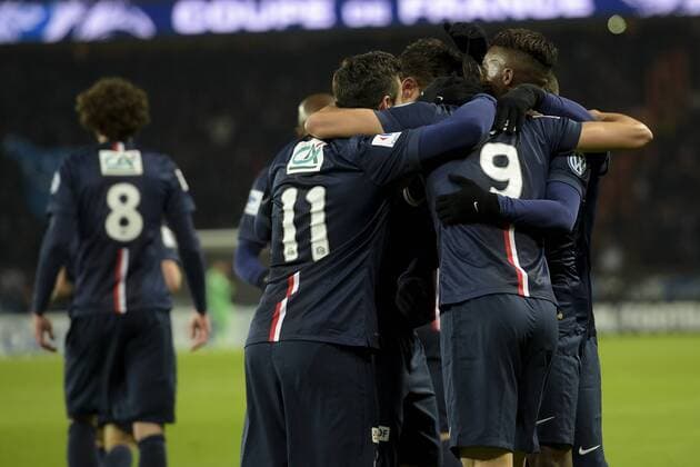 Aktuell Fußball, Frankreich, Coupe de France, Paris St. Germain - Girondins Bordeaux joie des joueurs parisiens apres le but d Edinson Cavani (PSG) Paris St. Germain (PSG) - Girondins Bordeaux Coupe de France - 21 01 2015 JBAutissierx 