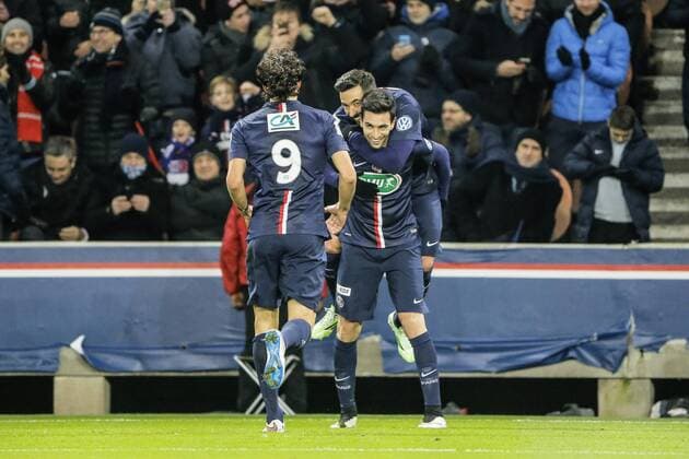 Aktuell Fußball, Frankreich, Coupe de France, Paris St. Germain - Girondins Bordeaux Javier Matias Pastore (psg) but et joie avec Ezequiel Ivan Lavezzi (psg) (Pocho) et Edinson Roberto Paulo Cavani Gomez (psg) (El Matador) (El Botija) (Florestan) Paris St. Germain (PSG) - Girondins Bordeaux Coupe de France - 21 01 2015 StephaneAllamanx 